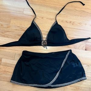Black Beaded Bikini with Lace Trim Skirt
